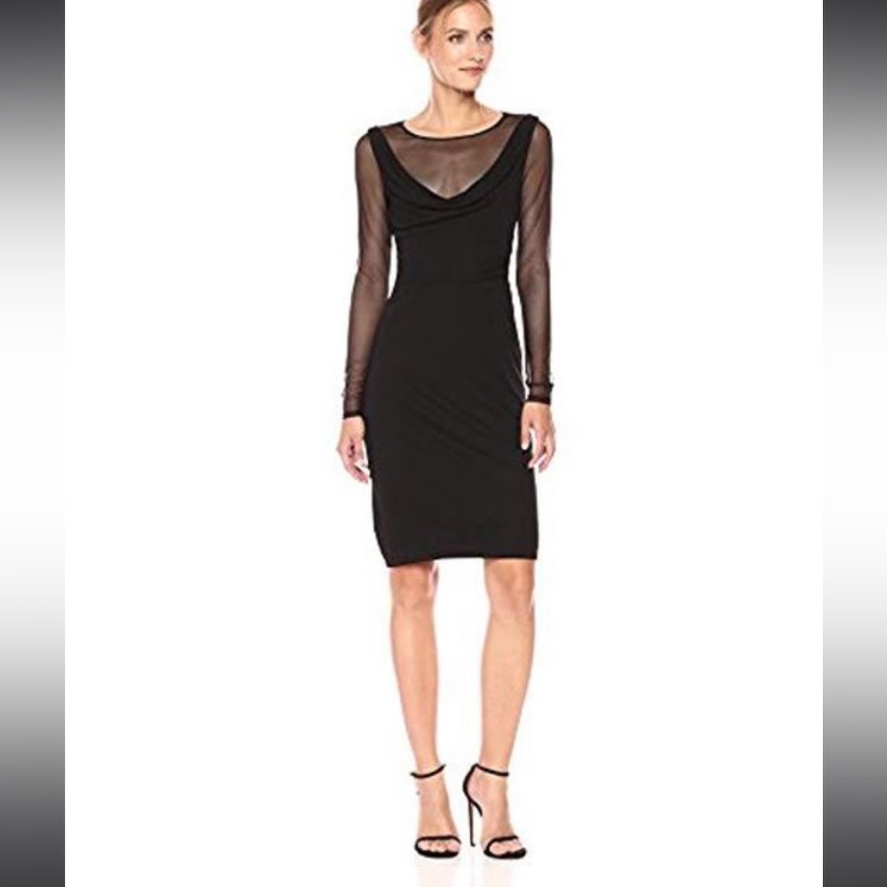Vera Wang Black Sheer Long Sleeve Cocktail Dress With Cowl Neck Size 4 NWT